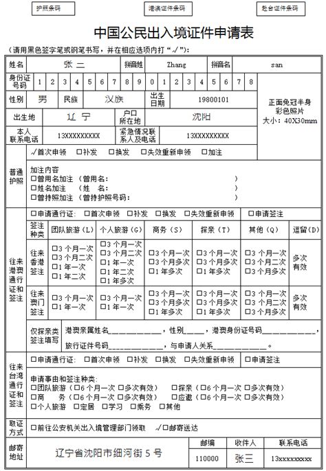 中国公民出入境证件申请表范本