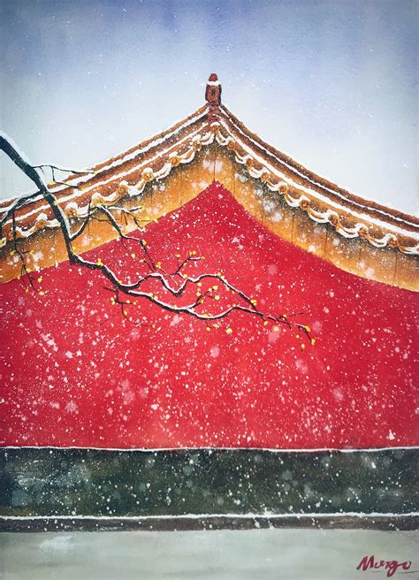 故宫的雪水彩画