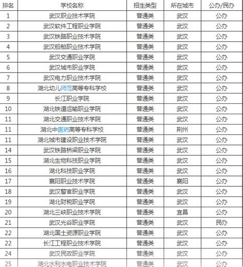 湖北省专科学校排名一览表