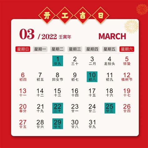 2022年三月装修动工吉日一览表